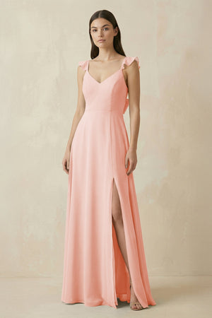 Ruffled Sleeve A - Line Chiffon Bridesmaid Dress in Rose Petal - KissProm Bridesmaid Dresses