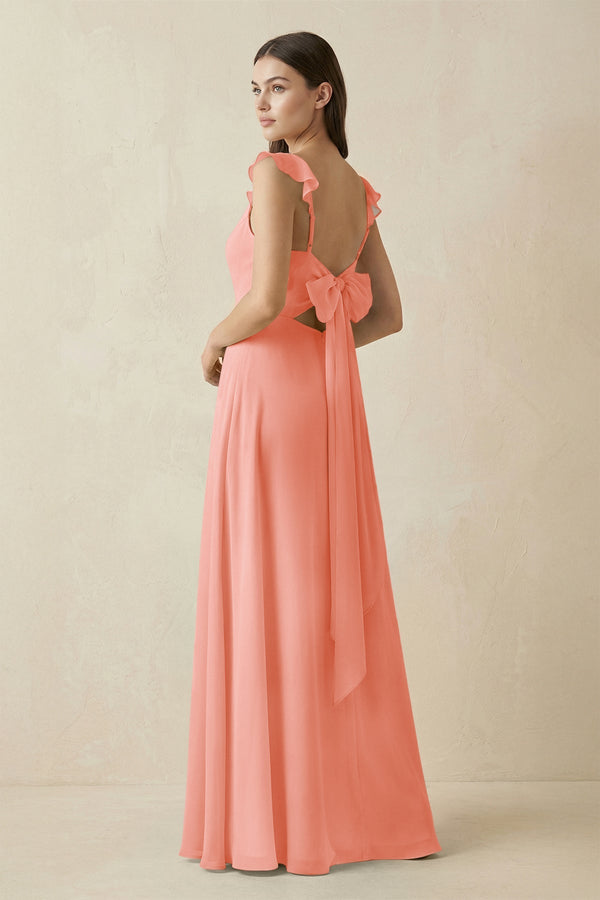 Ruffled Sleeve A - Line Chiffon Bridesmaid Dress in Rosette - KissProm Bridesmaid Dresses