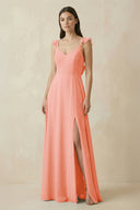 Ruffled Sleeve A - Line Chiffon Bridesmaid Dress in Rosette - KissProm Bridesmaid Dresses