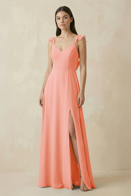 Ruffled Sleeve A - Line Chiffon Bridesmaid Dress in Rosette - KissProm Bridesmaid Dresses