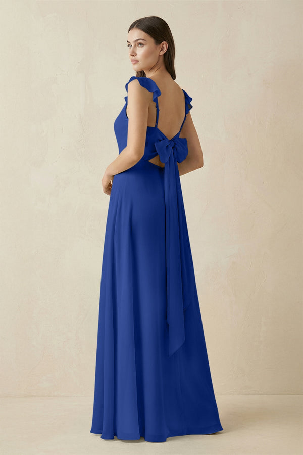 Ruffled Sleeve A - Line Chiffon Bridesmaid Dress in Royal Blue - KissProm Bridesmaid Dresses