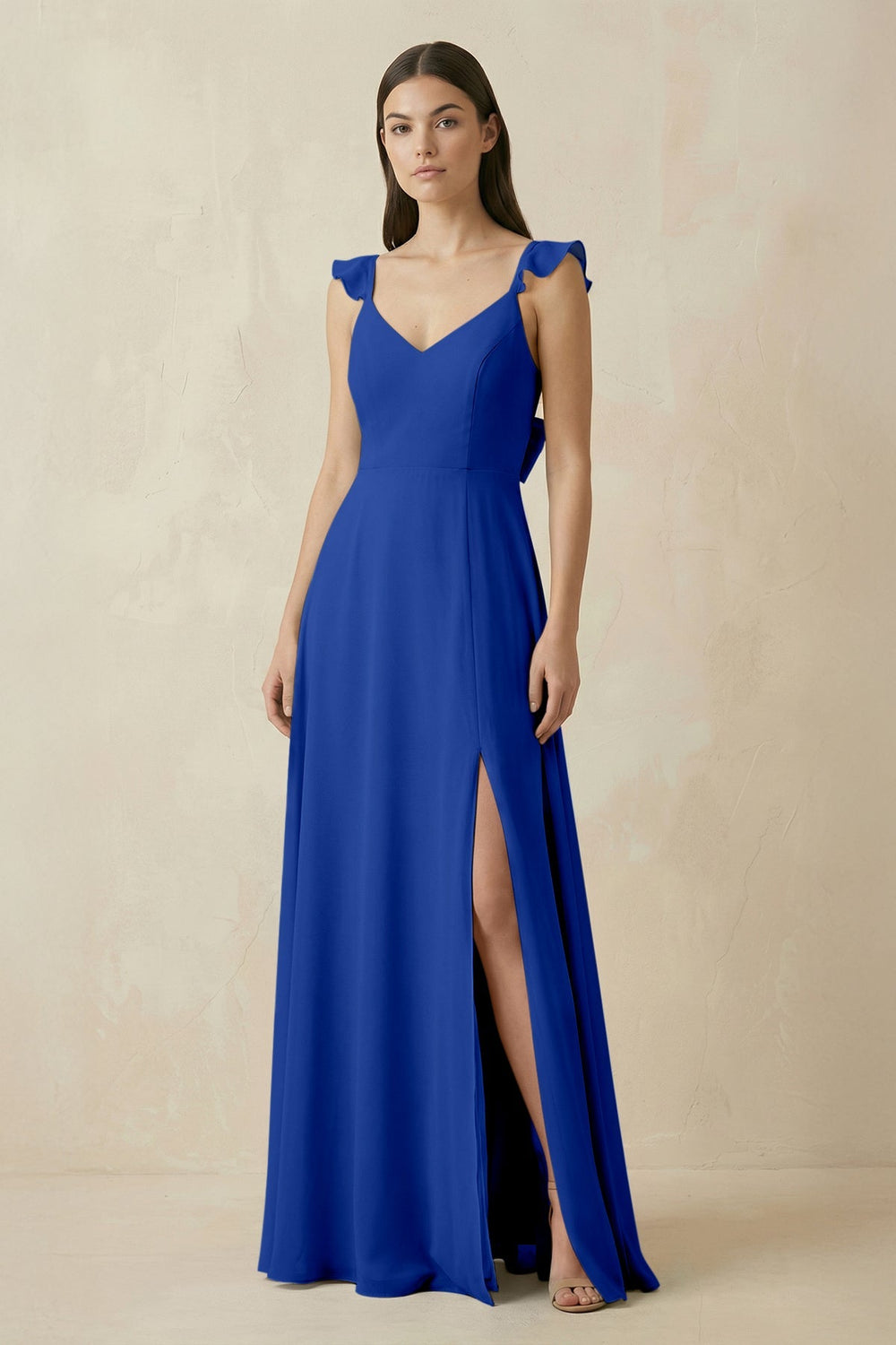 Ruffled Sleeve A - Line Chiffon Bridesmaid Dress in Royal Blue - KissProm Bridesmaid Dresses