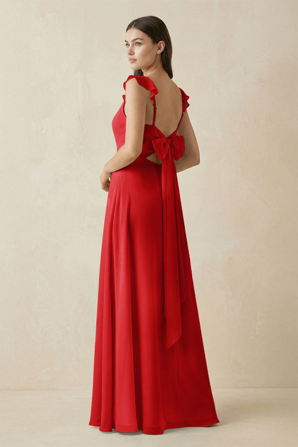 Ruffled Sleeve A - Line Chiffon Bridesmaid Dress in Ruby Red - KissProm Bridesmaid Dresses
