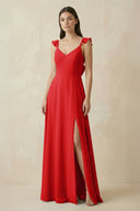 Ruffled Sleeve A - Line Chiffon Bridesmaid Dress in Ruby Red - KissProm Bridesmaid Dresses