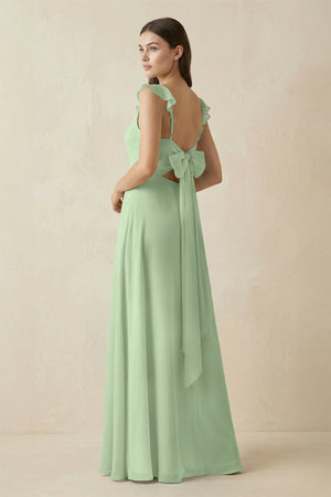 Ruffled Sleeve A - Line Chiffon Bridesmaid Dress in Sage - KissProm Bridesmaid Dresses