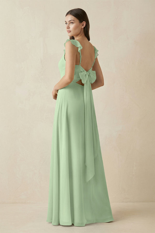 Ruffled Sleeve A - Line Chiffon Bridesmaid Dress in Sage - KissProm Bridesmaid Dresses