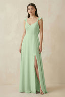 Ruffled Sleeve A - Line Chiffon Bridesmaid Dress in Sage - KissProm Bridesmaid Dresses