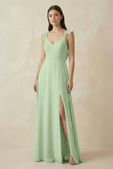 Ruffled Sleeve A - Line Chiffon Bridesmaid Dress in Sage - KissProm Bridesmaid Dresses