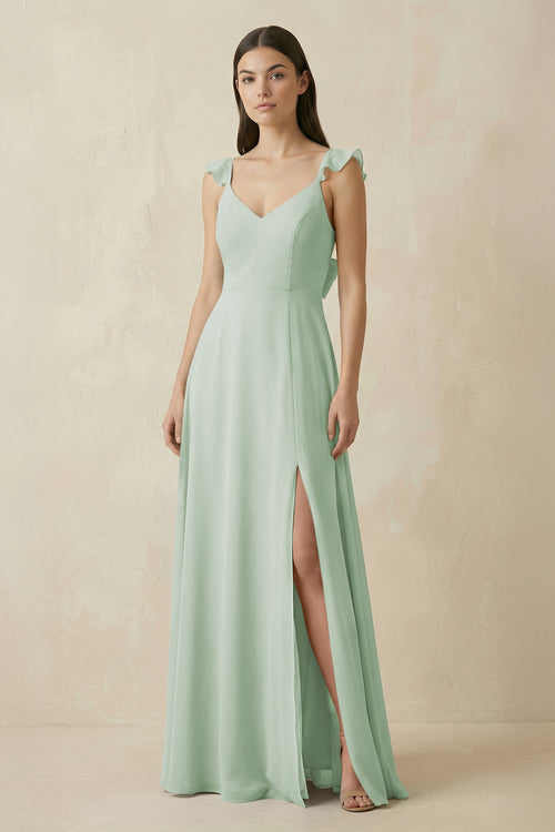 Ruffled Sleeve A - Line Chiffon Bridesmaid Dress in Sage - KissProm Bridesmaid Dresses