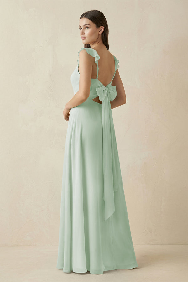 Ruffled Sleeve A - Line Chiffon Bridesmaid Dress in Sage - KissProm Bridesmaid Dresses