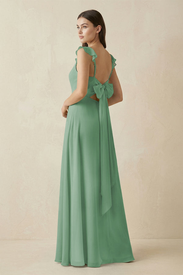 Ruffled Sleeve A - Line Chiffon Bridesmaid Dress in Sea Glass - KissProm Bridesmaid Dresses