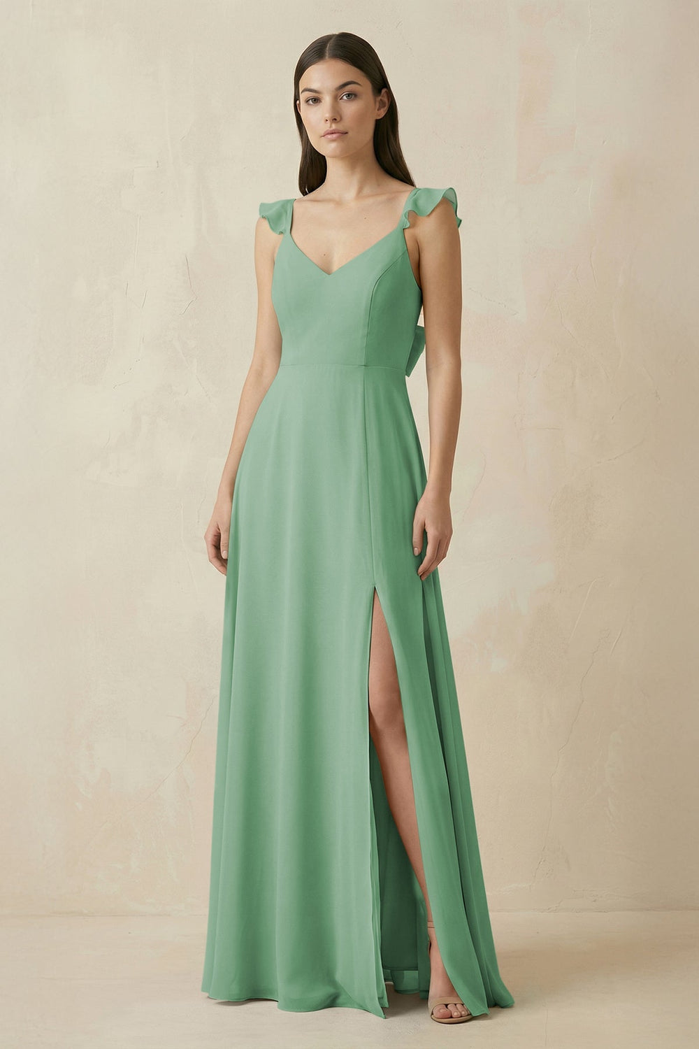 Ruffled Sleeve A - Line Chiffon Bridesmaid Dress in Sea Glass - KissProm Bridesmaid Dresses