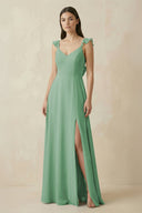 Ruffled Sleeve A - Line Chiffon Bridesmaid Dress in Sea Glass - KissProm Bridesmaid Dresses