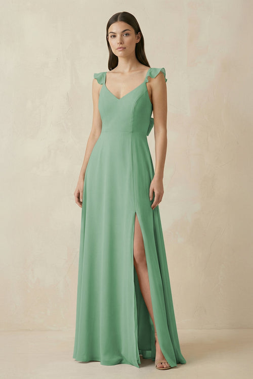 Ruffled Sleeve A - Line Chiffon Bridesmaid Dress in Sea Glass - KissProm Bridesmaid Dresses