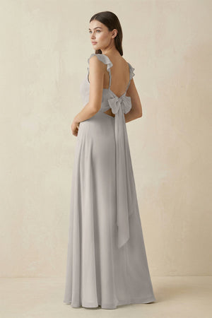 Ruffled Sleeve A - Line Chiffon Bridesmaid Dress in Silver - KissProm Bridesmaid Dresses