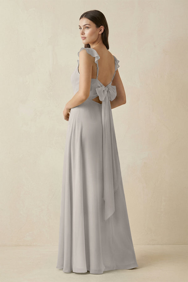 Ruffled Sleeve A - Line Chiffon Bridesmaid Dress in Silver - KissProm Bridesmaid Dresses