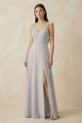Ruffled Sleeve A - Line Chiffon Bridesmaid Dress in Silver - KissProm Bridesmaid Dresses
