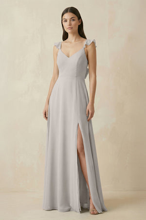 Ruffled Sleeve A - Line Chiffon Bridesmaid Dress in Silver - KissProm Bridesmaid Dresses
