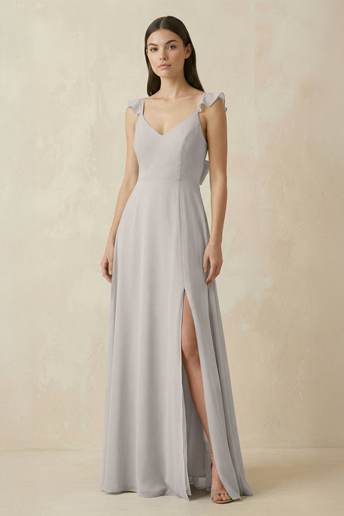 Ruffled Sleeve A - Line Chiffon Bridesmaid Dress in Silver - KissProm Bridesmaid Dresses