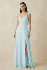 Ruffled Sleeve A - Line Chiffon Bridesmaid Dress in Sky Blue - KissProm Bridesmaid Dresses