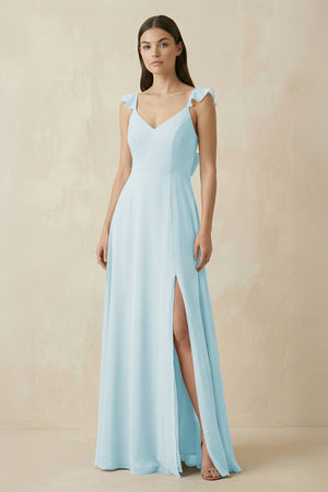 Ruffled Sleeve A - Line Chiffon Bridesmaid Dress in Sky Blue - KissProm Bridesmaid Dresses