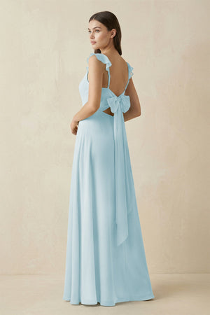 Ruffled Sleeve A - Line Chiffon Bridesmaid Dress in Sky Blue - KissProm Bridesmaid Dresses