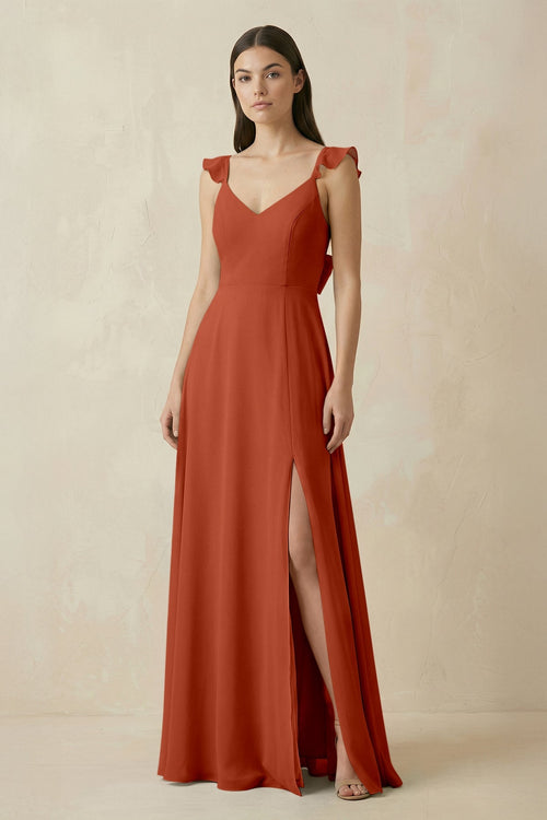 Ruffled Sleeve A - Line Chiffon Bridesmaid Dress in Spice - KissProm Bridesmaid Dresses