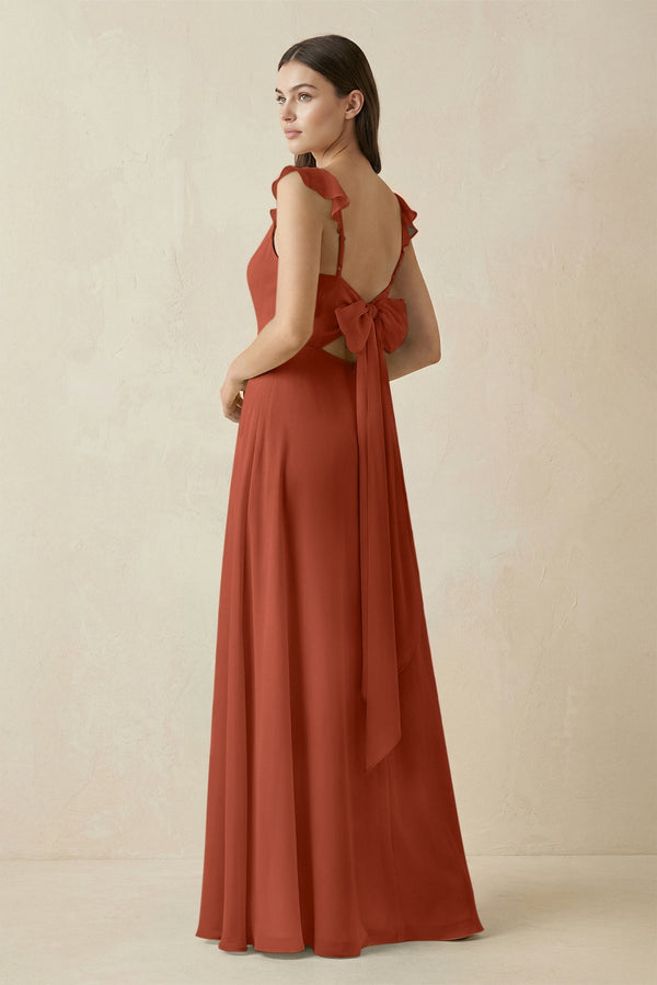 Ruffled Sleeve A - Line Chiffon Bridesmaid Dress in Spice - KissProm Bridesmaid Dresses