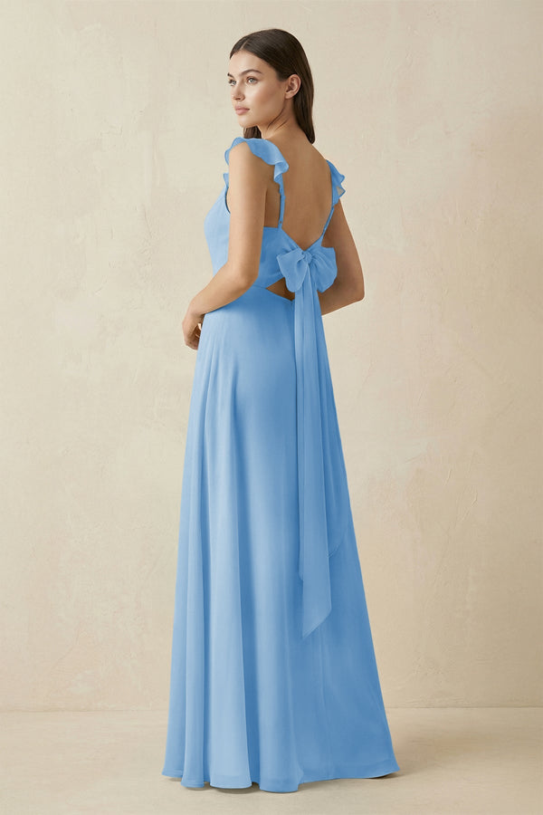 Ruffled Sleeve A - Line Chiffon Bridesmaid Dress in Steel Blue - KissProm Bridesmaid Dresses