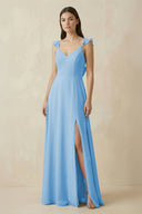 Ruffled Sleeve A - Line Chiffon Bridesmaid Dress in Steel Blue - KissProm Bridesmaid Dresses