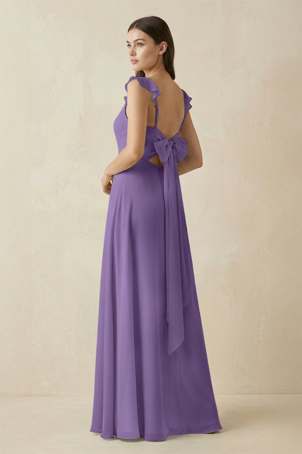 Ruffled Sleeve A - Line Chiffon Bridesmaid Dress in Tahiti - KissProm Bridesmaid Dresses