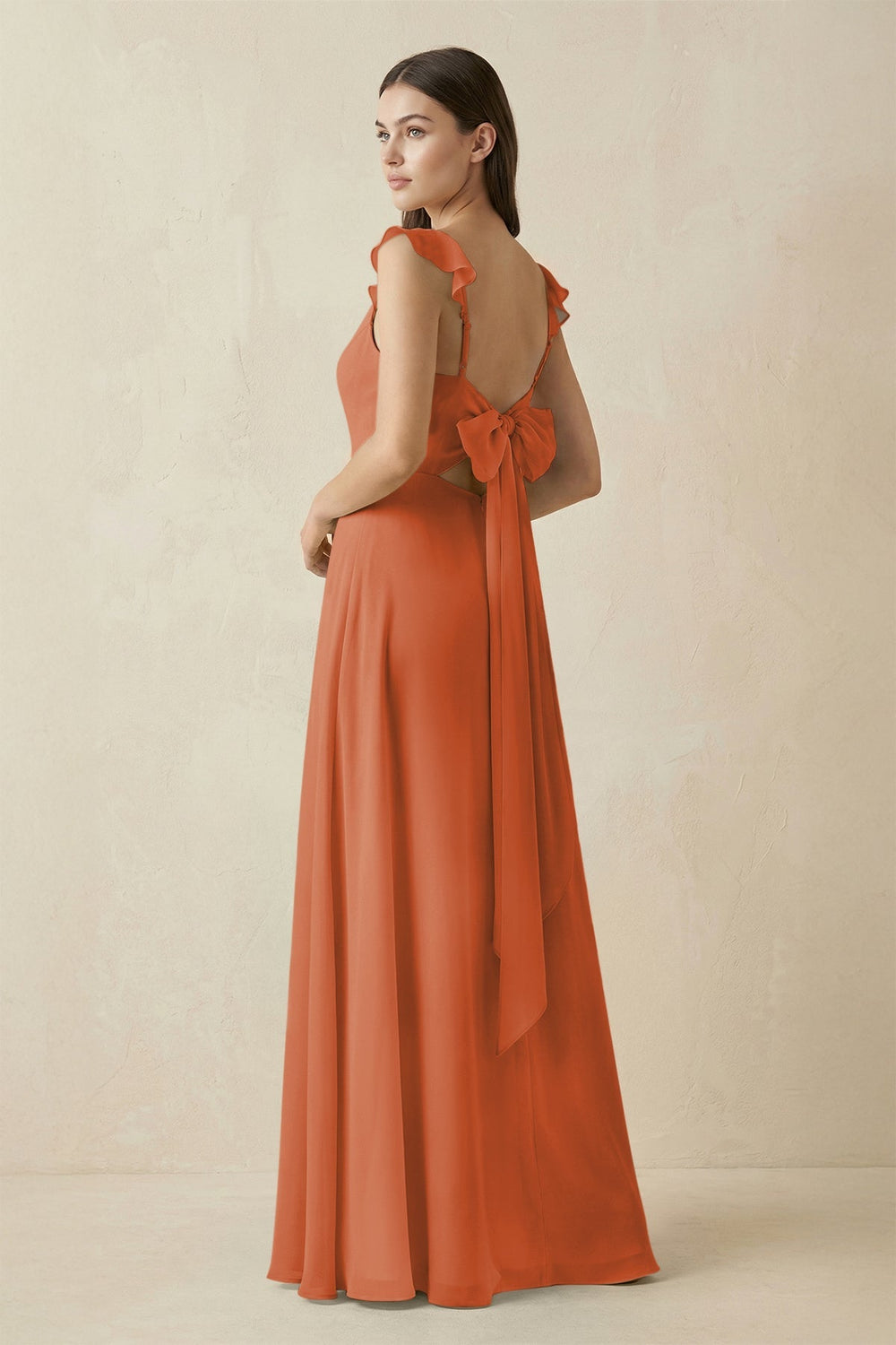 Ruffled Sleeve A - Line Chiffon Bridesmaid Dress in Terracotta - KissProm Bridesmaid Dresses