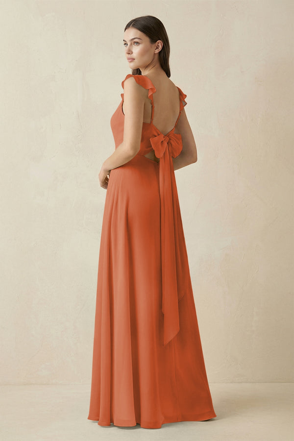 Ruffled Sleeve A - Line Chiffon Bridesmaid Dress in Terracotta - KissProm Bridesmaid Dresses