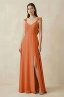 Ruffled Sleeve A - Line Chiffon Bridesmaid Dress in Terracotta - KissProm Bridesmaid Dresses