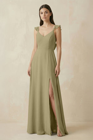 Ruffled Sleeve A - Line Chiffon Bridesmaid Dress in Thyme - KissProm Bridesmaid Dresses