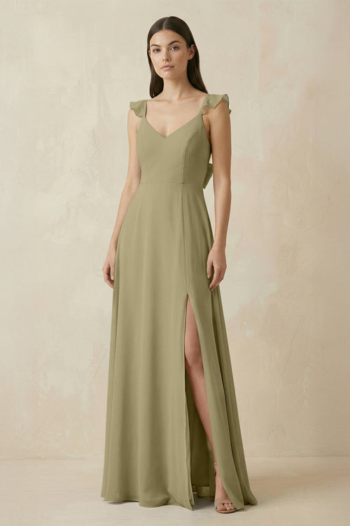 Ruffled Sleeve A - Line Chiffon Bridesmaid Dress in Thyme - KissProm Bridesmaid Dresses
