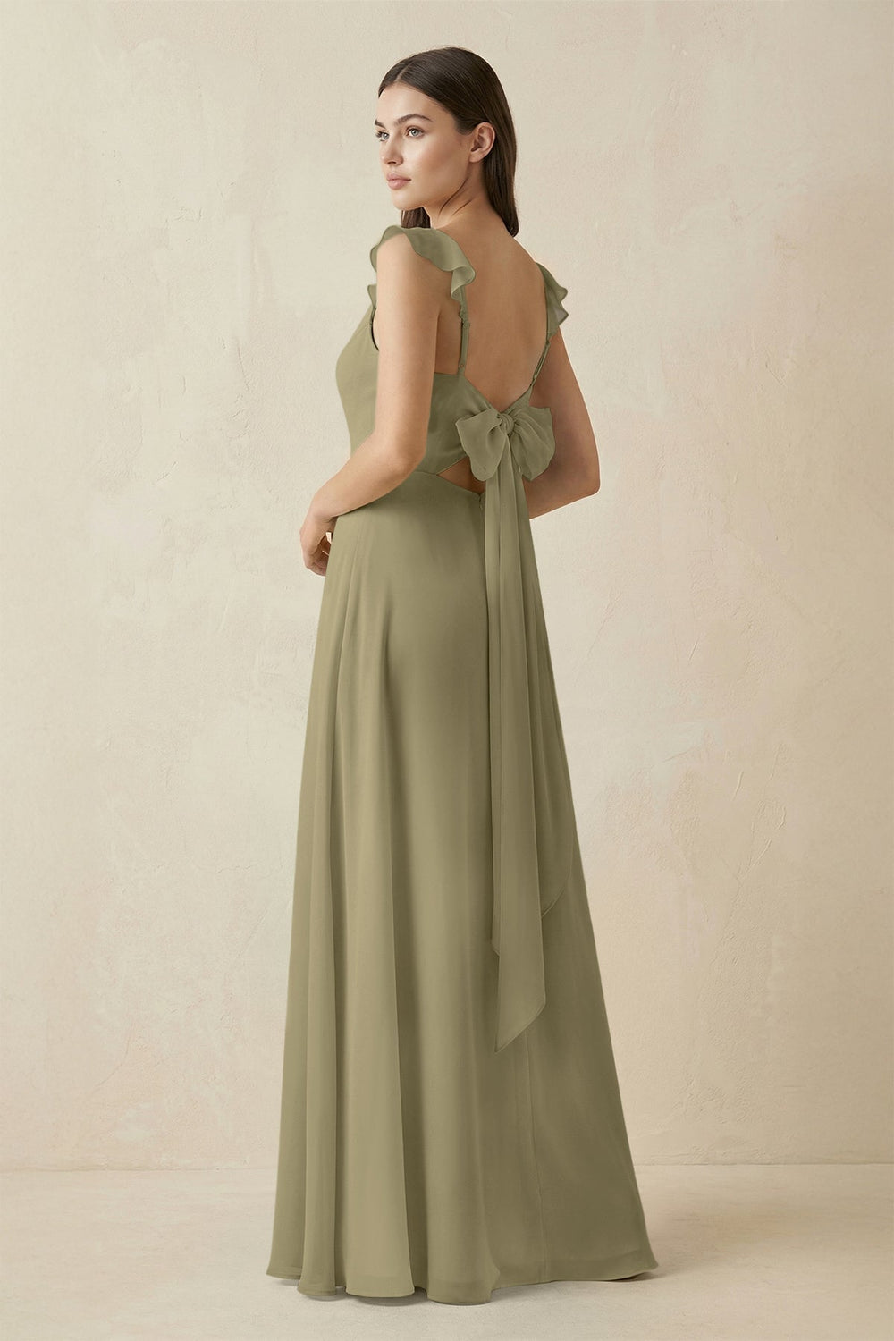 Ruffled Sleeve A - Line Chiffon Bridesmaid Dress in Thyme - KissProm Bridesmaid Dresses