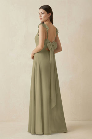 Ruffled Sleeve A - Line Chiffon Bridesmaid Dress in Thyme - KissProm Bridesmaid Dresses