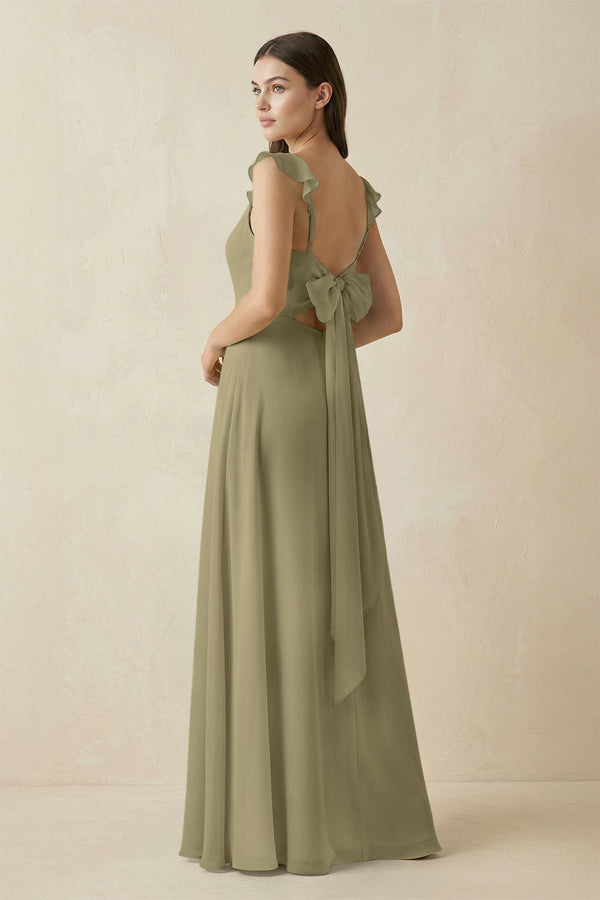 Ruffled Sleeve A - Line Chiffon Bridesmaid Dress in Thyme - KissProm Bridesmaid Dresses