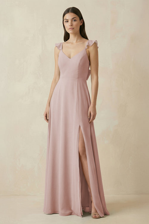 Ruffled Sleeve A - Line Chiffon Bridesmaid Dress in Toffee - KissProm Bridesmaid Dresses