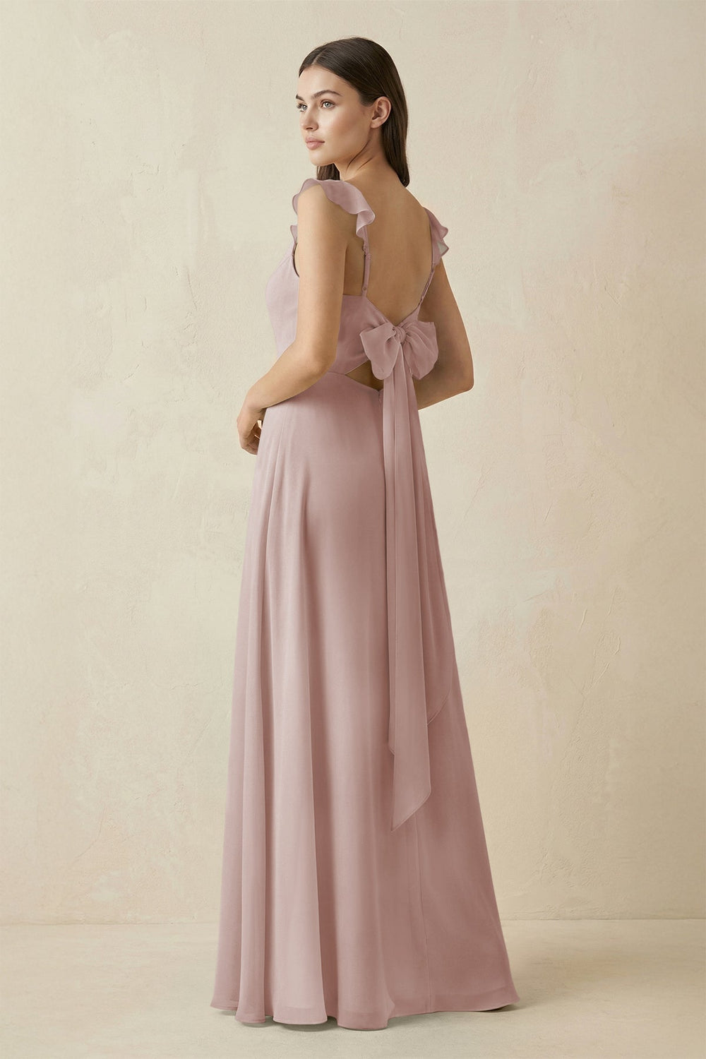 Ruffled Sleeve A - Line Chiffon Bridesmaid Dress in Toffee - KissProm Bridesmaid Dresses