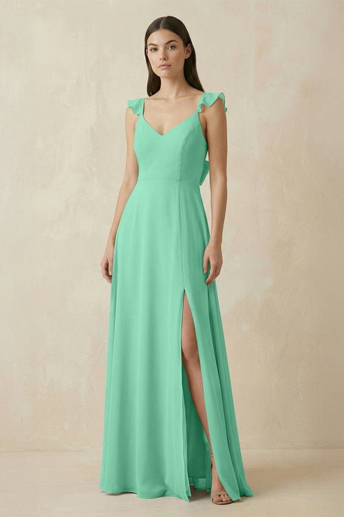 Ruffled Sleeve A - Line Chiffon Bridesmaid Dress in Turquoise - KissProm Bridesmaid Dresses