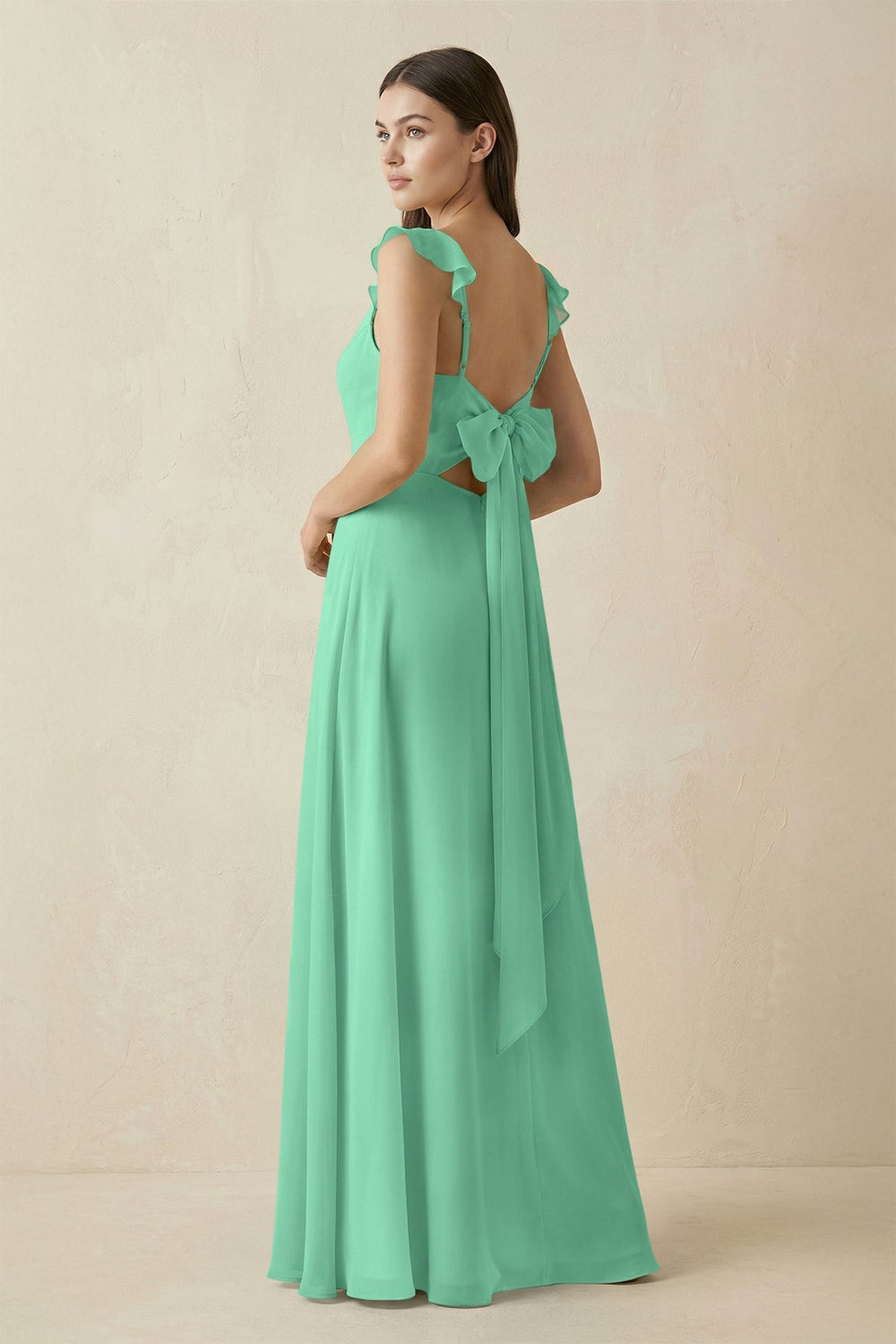 Ruffled Sleeve A - Line Chiffon Bridesmaid Dress in Turquoise - KissProm Bridesmaid Dresses
