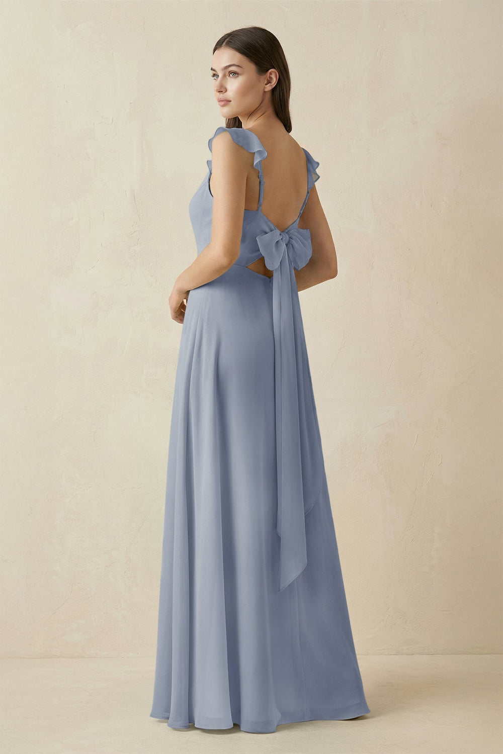 Ruffled Sleeve A - Line Chiffon Bridesmaid Dress in Twilight - KissProm Bridesmaid Dresses