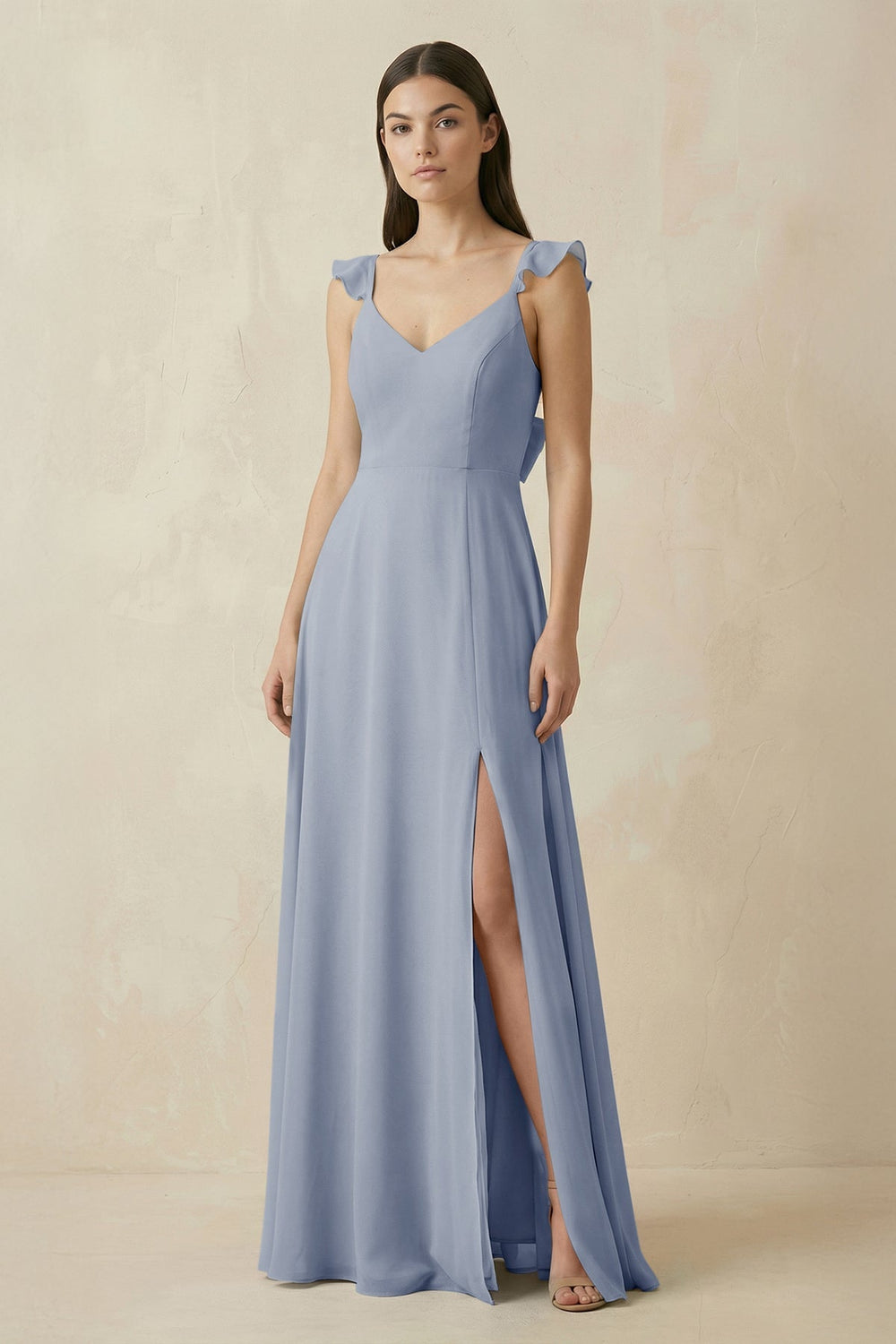 Ruffled Sleeve A - Line Chiffon Bridesmaid Dress in Twilight - KissProm Bridesmaid Dresses
