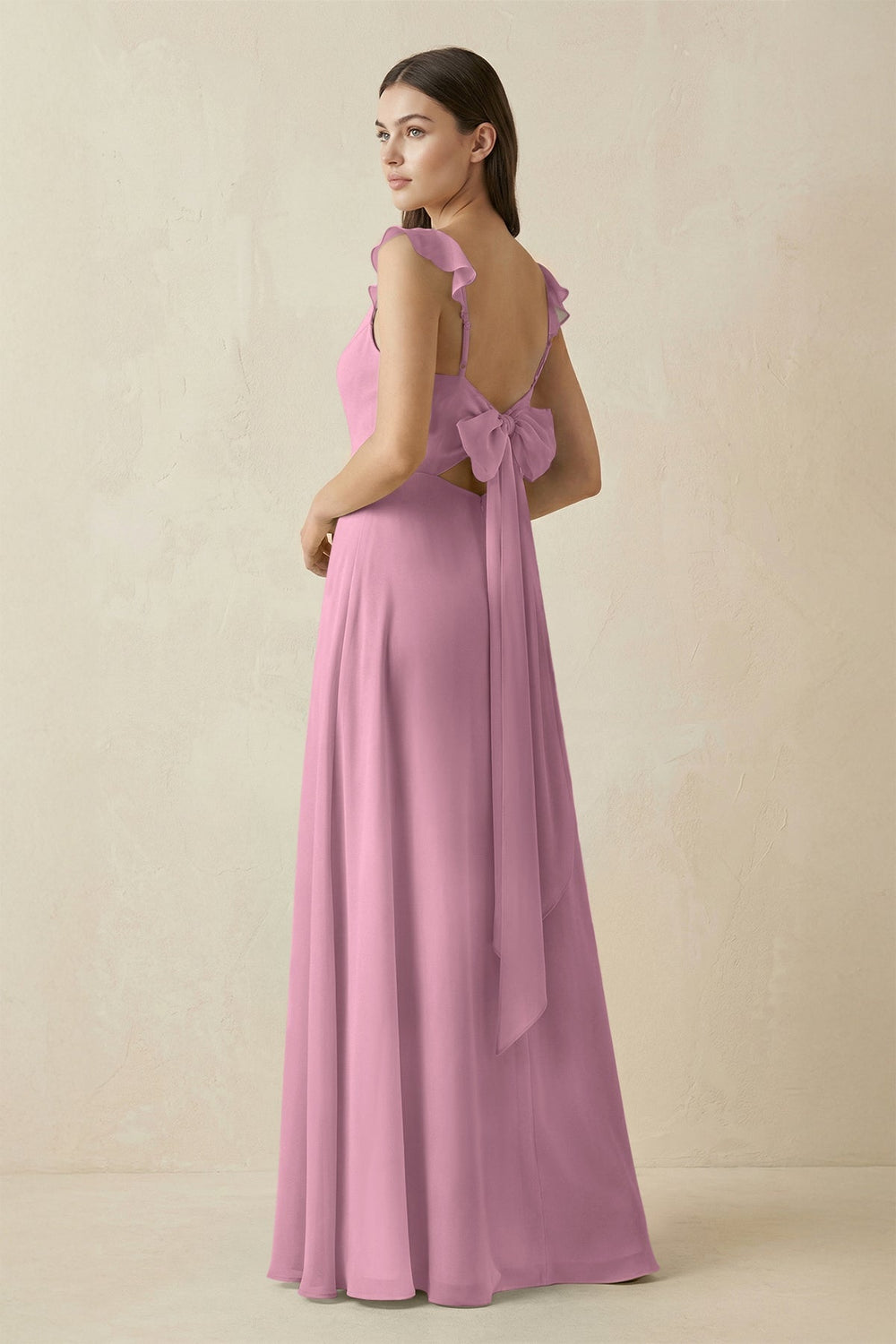 Ruffled Sleeve A - Line Chiffon Bridesmaid Dress in Vintage Mauve - KissProm Bridesmaid Dresses