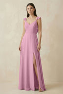 Ruffled Sleeve A - Line Chiffon Bridesmaid Dress in Vintage Mauve - KissProm Bridesmaid Dresses