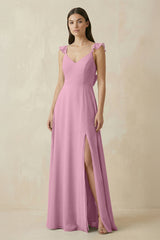Ruffled Sleeve A - Line Chiffon Bridesmaid Dress in Vintage Mauve - KissProm Bridesmaid Dresses