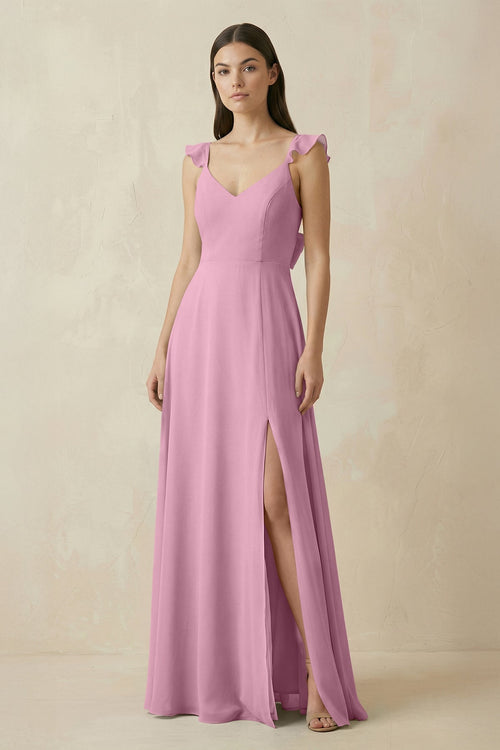 Ruffled Sleeve A - Line Chiffon Bridesmaid Dress in Vintage Mauve - KissProm Bridesmaid Dresses