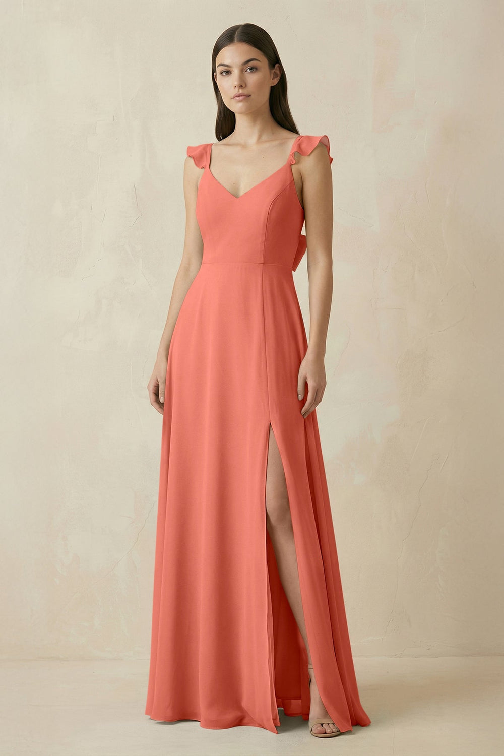Ruffled Sleeve A - Line Chiffon Bridesmaid Dress in Wild Rose - KissProm Bridesmaid Dresses